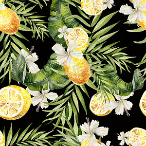 美丽的水彩画无缝、 热带丛林的花卉图案背景与棕榈叶，芙蓉花和柠檬水果.