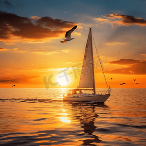 夕阳下航行的游艇游艇旅游——海上夜游