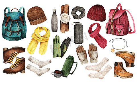 水彩画时尚图解。一套时髦的配件。去远足。帽子，围巾，袜子，鞋子，背包，手套，手表，水，热水瓶，手镯，扇贝