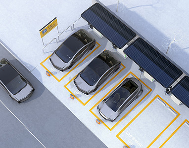 汽车充电站摄影照片_停车场的汽车共享业务的鸟瞰图