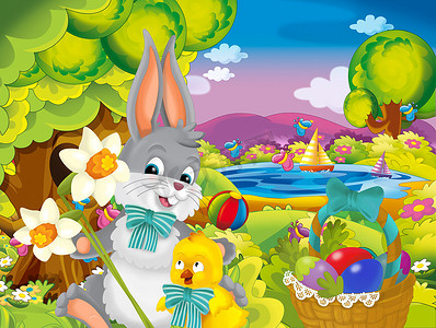 动画片愉快的复活节兔子与美丽的花在自然春天背景-例证为孩子
