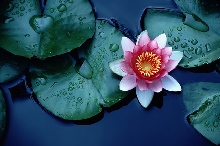 明亮的彩色水百合或莲花漂浮在深蓝色的水池塘
