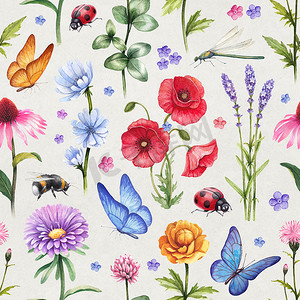 野生花卉和昆虫图案