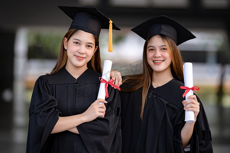 礼服女摄影照片_年轻快乐的亚洲女大学毕业生身着毕业礼服，身临其境，在大学校园里获得了学位证书，以庆祝她们的教育成就。教育库存照片