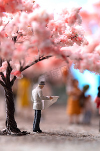 粉色温馨小清新摄影照片_樱花树下看报纸的男人形象
