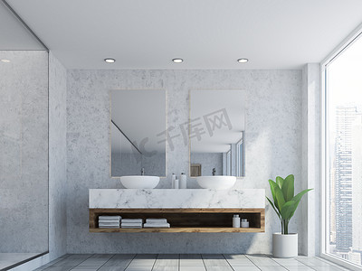 浴室内有大理石墙, 一个双水槽站在白色台面上, 两个垂直的镜子挂在上面。3d 渲染