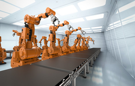 带输送线3D渲染机器人臂的智能工厂概念