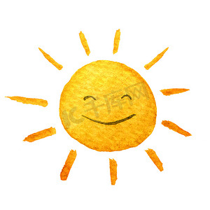 卡通太阳阳光摄影照片_可爱的卡通阳光。手绘水彩插图微笑太阳。水颜色绘成图纸.