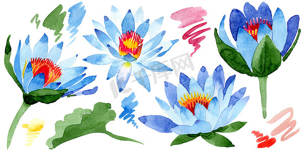 插画元素摄影照片_美丽的蓝色莲花在白色上被孤立。水彩背景插图。水彩画时尚孤立的莲花插画元素.