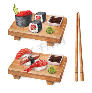 美味的寿司。watercollor 插图