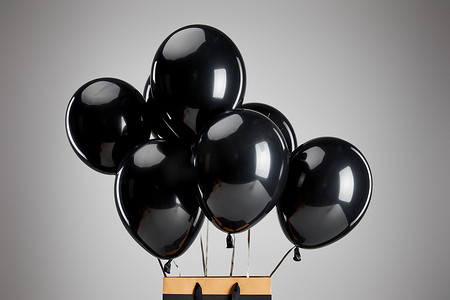 一堆黑色气球，纸袋与灰色黑色星期五的概念隔离