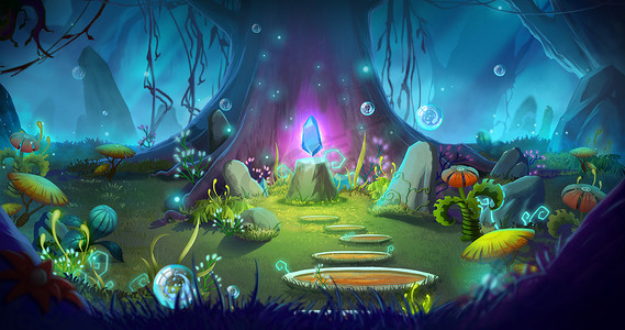 游戏视频背景游戏摄影照片_幻想和神奇的森林。视频游戏数字 Cg 艺术品, 概念插图, 逼真的卡通风格背景