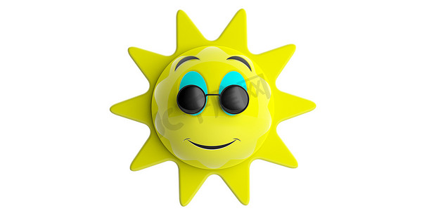 微笑表情的太阳摄影照片_夏天的概念。emoji 表情太阳黄带黑色圆太阳镜微笑, 剪纸, 孤立在一个白色的背景。3d 插图.
