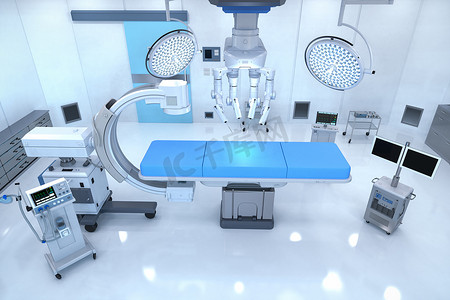 三维C臂机械和外科机器人在医院手术室的渲染 
