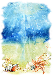 海底背景手绘摄影照片_水彩海底插图与贝壳和海星