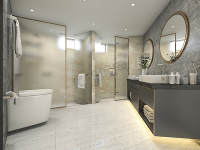 3d 渲染现代黑色浴室与豪华瓷砖装饰