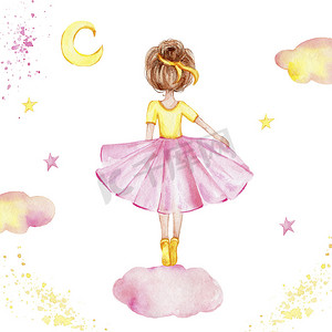 卡通片可爱的芭蕾舞演员站在粉红的云彩上；水彩画插图；背景是白色孤立的