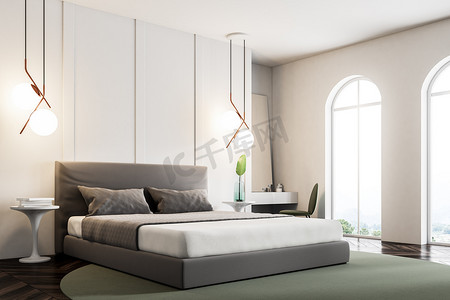 卧室的一个角落里有白色的墙壁, 一层有地毯的木地板, 一张双人床和一个角落里高高的镜子的化妆桌。3d 渲染模拟