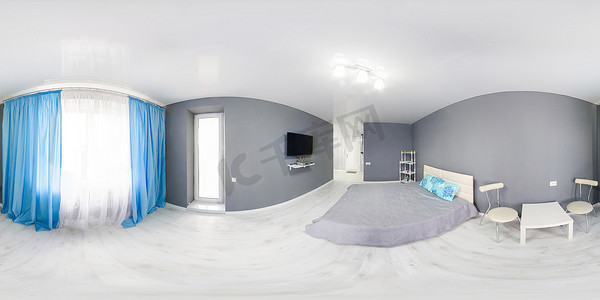 degree摄影照片_Interior of bedroom. Modern minimalism style bedroom interior in monochrome tones