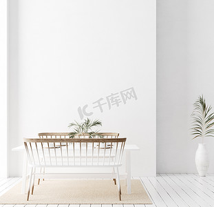 以木制家具装饰的白色简单内墙，Skdi-Boho风格，3D渲染