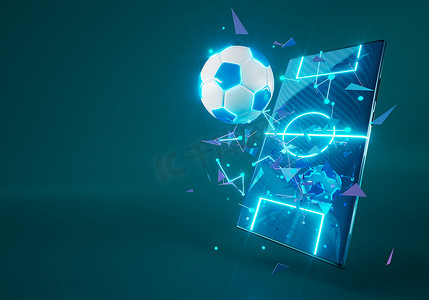押注摄影照片_足球具有智能手机屏幕动作效果.体育概念设计。3D插画。蓝色背景。在线体育直播。押注赌场设计客观竞争。3D对象渲染。运动图形.