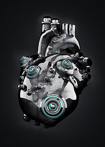 黑色摄影照片_人工机械铬心脏分离在黑色。3d 插图