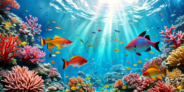 用五彩斑斓的珊瑚、热带鱼和阳光在海水中流淌的珊瑚礁图解。水下世界的美丽.