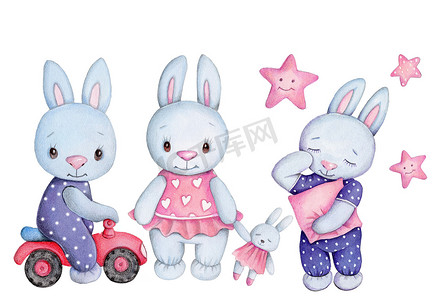 可爱的卡通小兔子宝宝,小兔子,兔子,水彩画给孩子们.与白种人隔离.