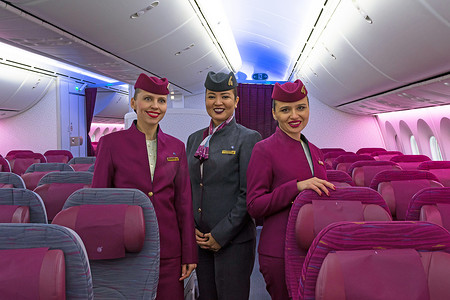 飞机乘务员在波音787卡塔尔航空公司航空公司, 飞机场普尔科沃, 俄国, 圣彼得堡2017年12月19日.