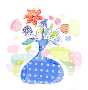 花瓶蓝色摄影照片_在蓝色花瓶的花朵插图。卡通画。设计元素
