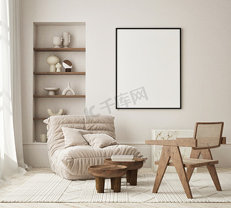 斯堪的纳维亚摄影照片_在现代室内环境、客厅、斯堪的纳维亚风格、 3D渲染、 3D插图中模拟海报框架