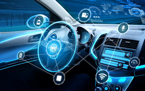 聚梦想智未来摄影照片_无驱动汽车内部与未来的仪表板自动控制系统.利用人工智能传感器驱动无人驾驶汽车驾驶舱HUD技术的内部视图 .