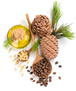 Cedar pine nuts and oil, view from above