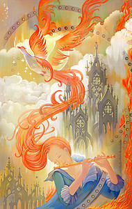火和音乐。一个美丽的女孩吹奏长笛，梦想着一只神奇的凤凰鸟在火焰中飞翔。一个古老传说的例证。木材上的油画.