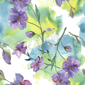 蓝色和紫色亚麻植物花。被隔绝的狂放的春天叶子。水彩插图集。水彩画时尚水彩画。无缝的背景模式。织物壁纸打印纹理.