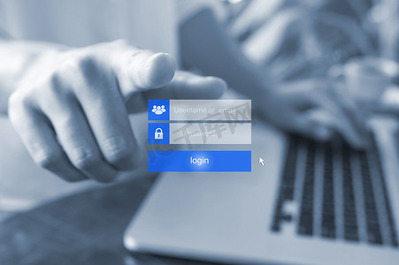登录界面摄影照片_手指的女人使用触摸屏上的登录界面。触摸登录框, 虚拟数字显示屏上的用户名和密码输入, 蓝色色调.