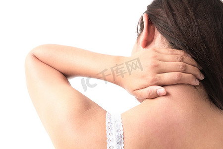 颈部疼痛摄影照片_白色背景的妇女颈部疼痛促进健康观念