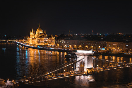 布达佩斯议会和链桥梁在多瑙河在晚上