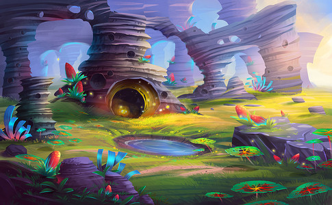 外星人星球的山和洞穴与梦幻般的, 现实的和未来的风格。视频游戏的数字 Cg 图稿, 概念插图, 逼真卡通风格场景设计