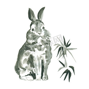 可爱的墨兔与竹叶查出在白色背景