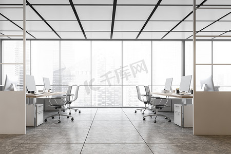 白色的办公室，桌子上有扶手椅和电脑，窗户上有摩天大楼。白色的办公室，大理石地板上有现代家具，3D上没有人