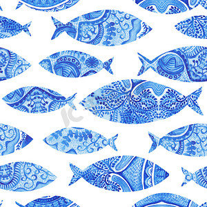 手绘扁平化皇冠摄影照片_无缝模式与鱼类，水彩手绘的背景、 水彩鱼、 无缝背景与风格化蓝色 fish.wallpaper、 水彩面料、 蓝色包装饰品