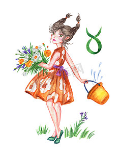 手绘牛摄影照片_一个带花束的女孩携带一桶牛奶, 一幅水彩画手绘。金牛星座的星座, 少女星座.