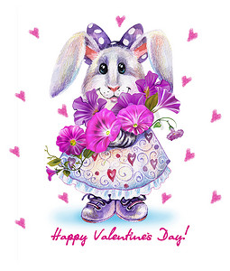 可爱的小兔子与花束的插图，浪漫的兔子在心脏的背景，情人节的概念，卡通兔子与花在白色背景. 
