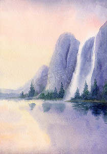 水彩画 瀑布从岩石流到湖面