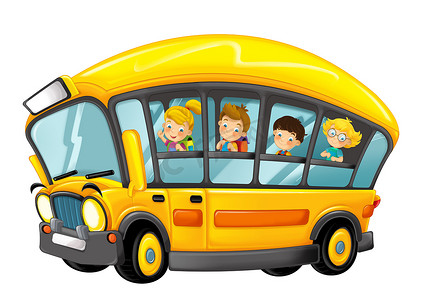 山和海卡通摄影照片_有趣的看卡通黄色巴士与学生的白色背景 - 插图为儿童