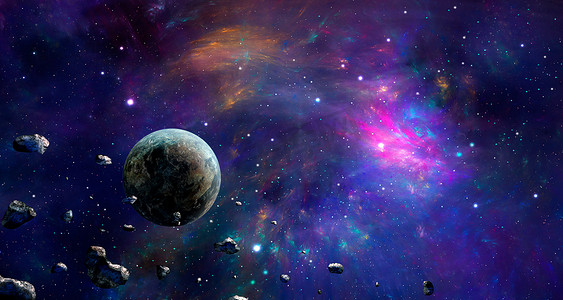 空间场景。五颜六色的星云与行星和小行星。由 Nasa 提供的元素。3d 渲染