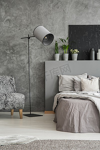 油画植物摄影照片_灰色卧室内饰与一个优雅的常设灯与织物灯罩之间的扶手椅和床与亚麻和垫子。黑色的油画和植物在墙上的花盆。真实照片