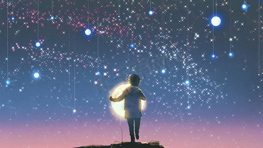 男孩抱着月亮发光靠挂星星