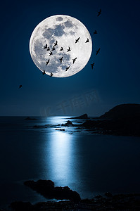 海岸上的夜景与超级月亮